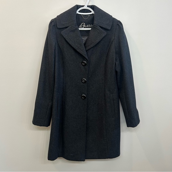 Guess Woman’s Wool Blend Peacoat Charcoal Colored Lined Split Collar Coat Size L - Picture 1 of 14
